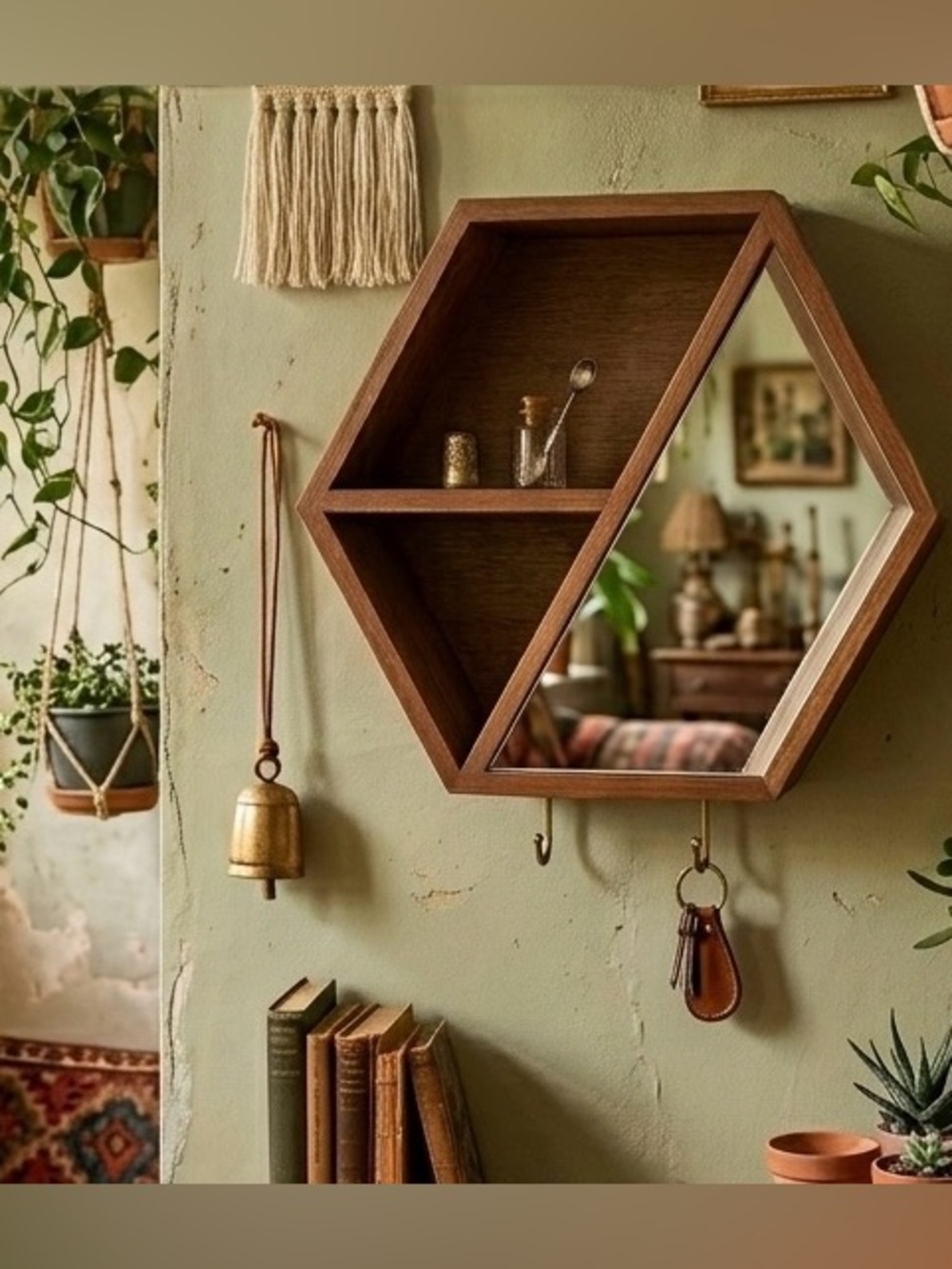 Project 62 Walnut Wood Mirrored Hexagon Wall Hanging Shelf Cubby MCM Vtg Style